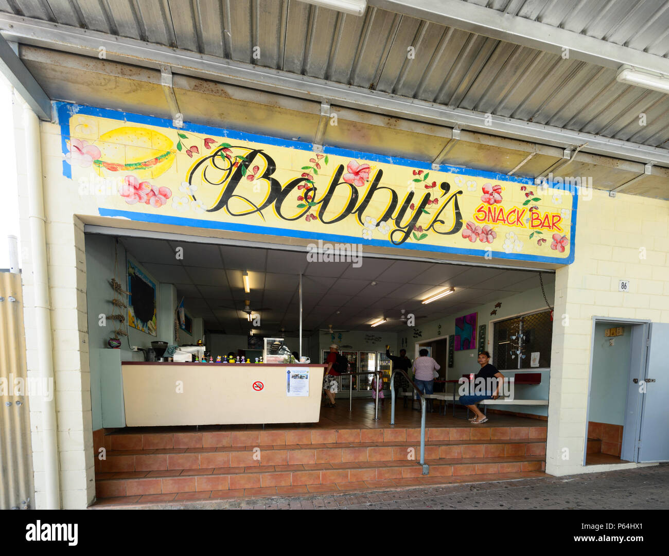 Bobby è un popolare seafood snack bar, giovedì Isola, dello Stretto di Torres, Isole del Nord del Queensland, FNQ, QLD, Australia Foto Stock