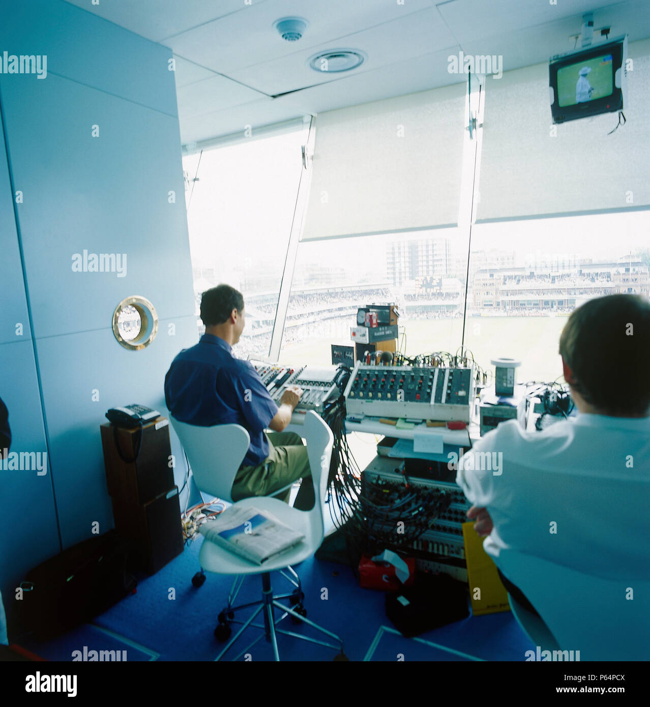 Media Center durante la partita. Il Lords Cricket Ground. Londra, Regno Unito. Foto Stock