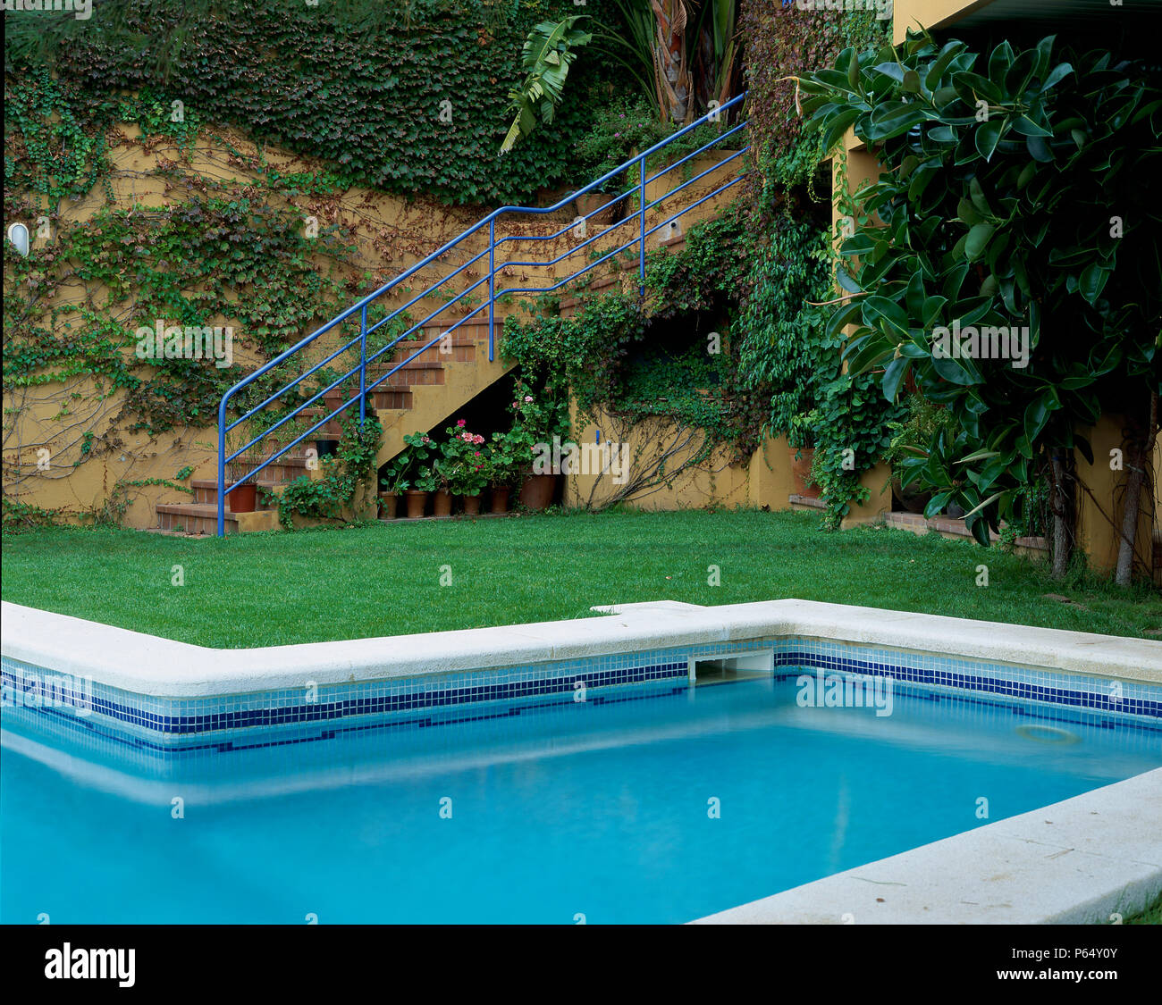 Vista parziale di una piscina accanto a un prato Foto Stock