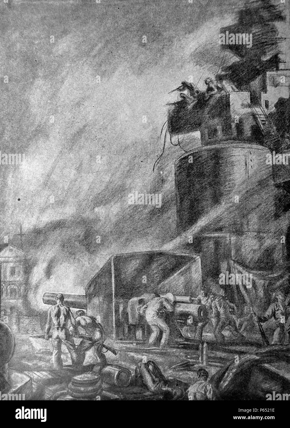 Guerra civile spagnola: repubblicani di mezzi navali cannone spara contro forze nationalst sulla riva, disegno di C. Saenz de Tejada Foto Stock
