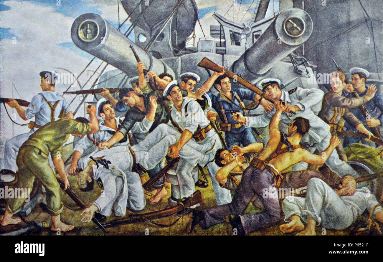 Guerra civile spagnola: 'Mutiny la corazzata Spagna" di J. Valverde. Nel luglio 1936 l'Espana, da allora una nave decrepito, era in riserva a El Ferrol con un ridotto di complemento. La corazzata fu colto da nazionalisti dopo un repubblicano tentativo di difendere il suo Foto Stock