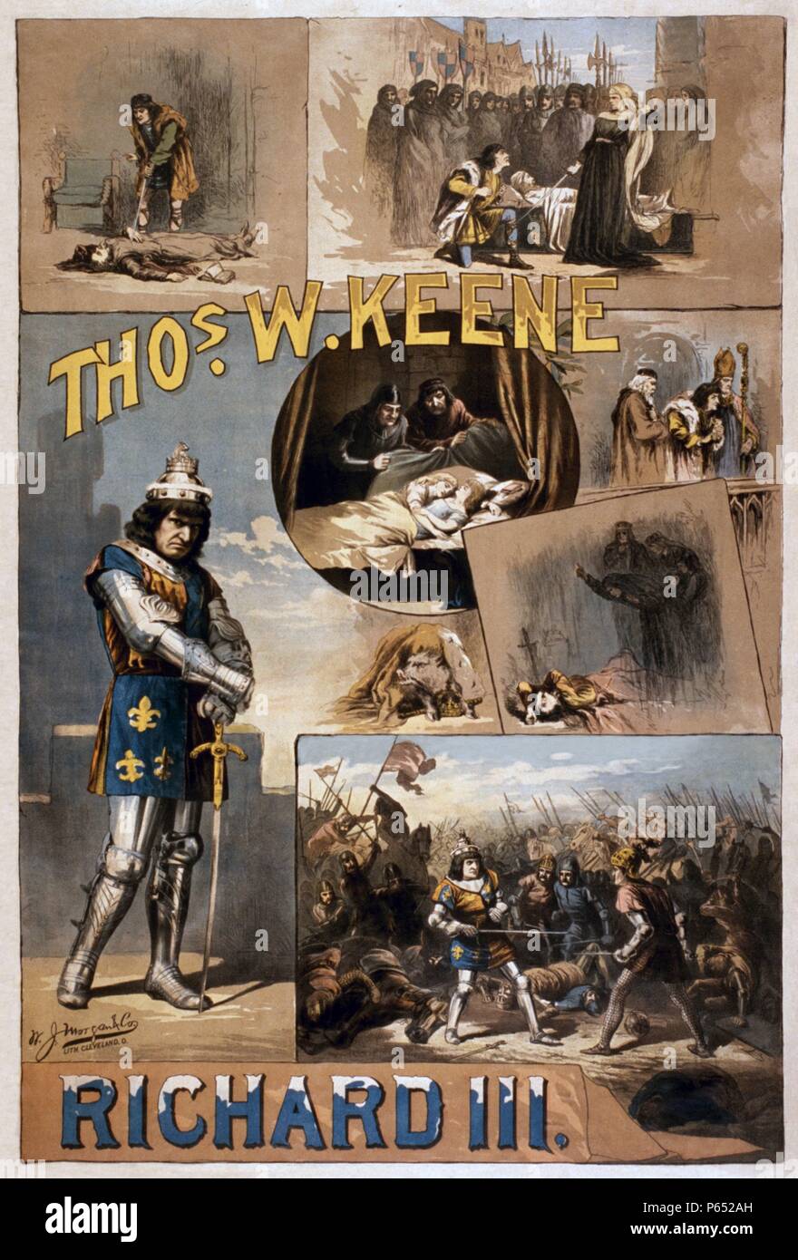 1884 poster pubblicitari un americano di produzione del gioco re Riccardo II di Shakespeare, che mostra molte scene chiave Foto Stock