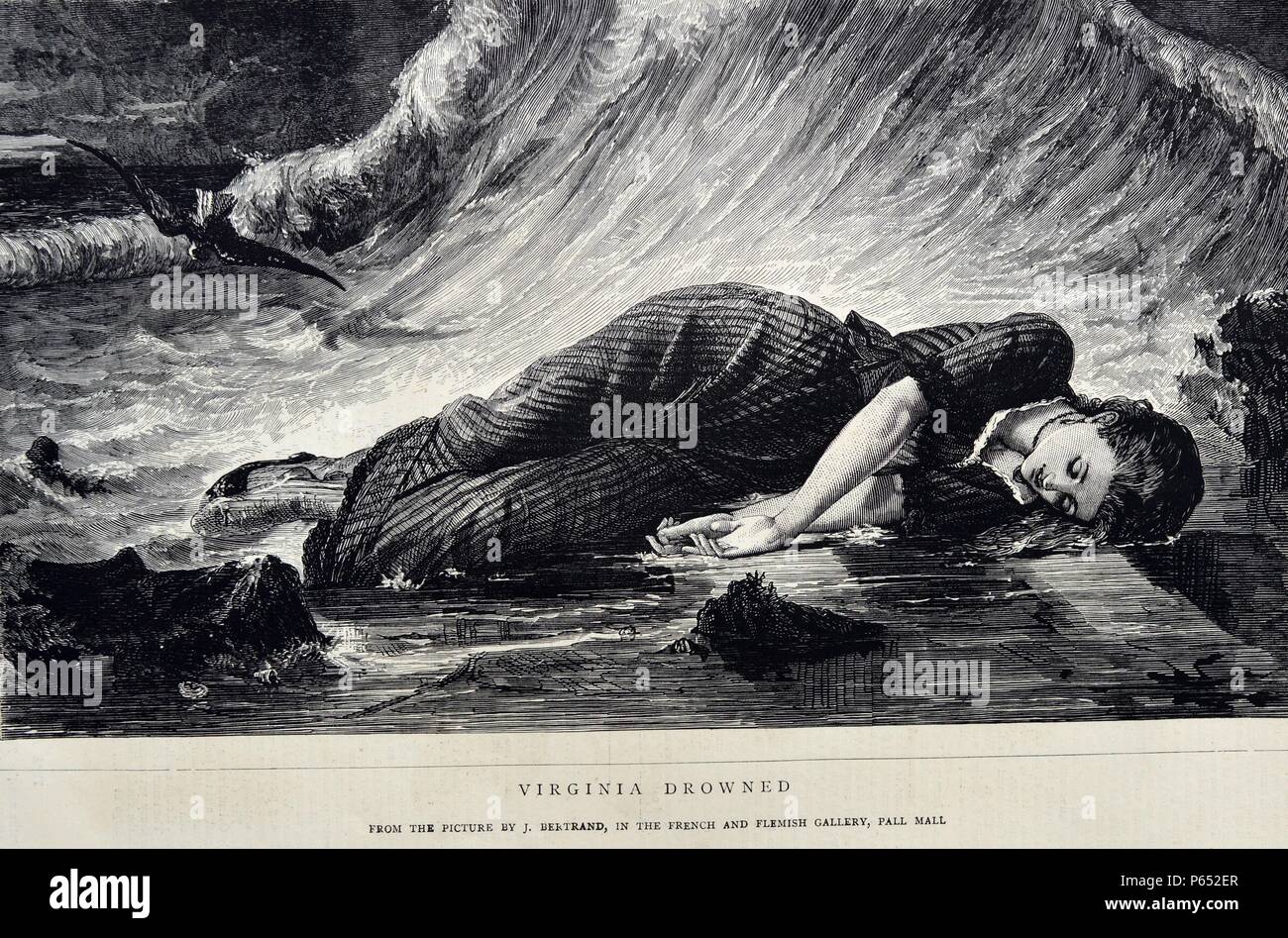 Incisione rappresenta una giovane donna che ha affogato da J. Bertrand. Datata 1870 Foto Stock