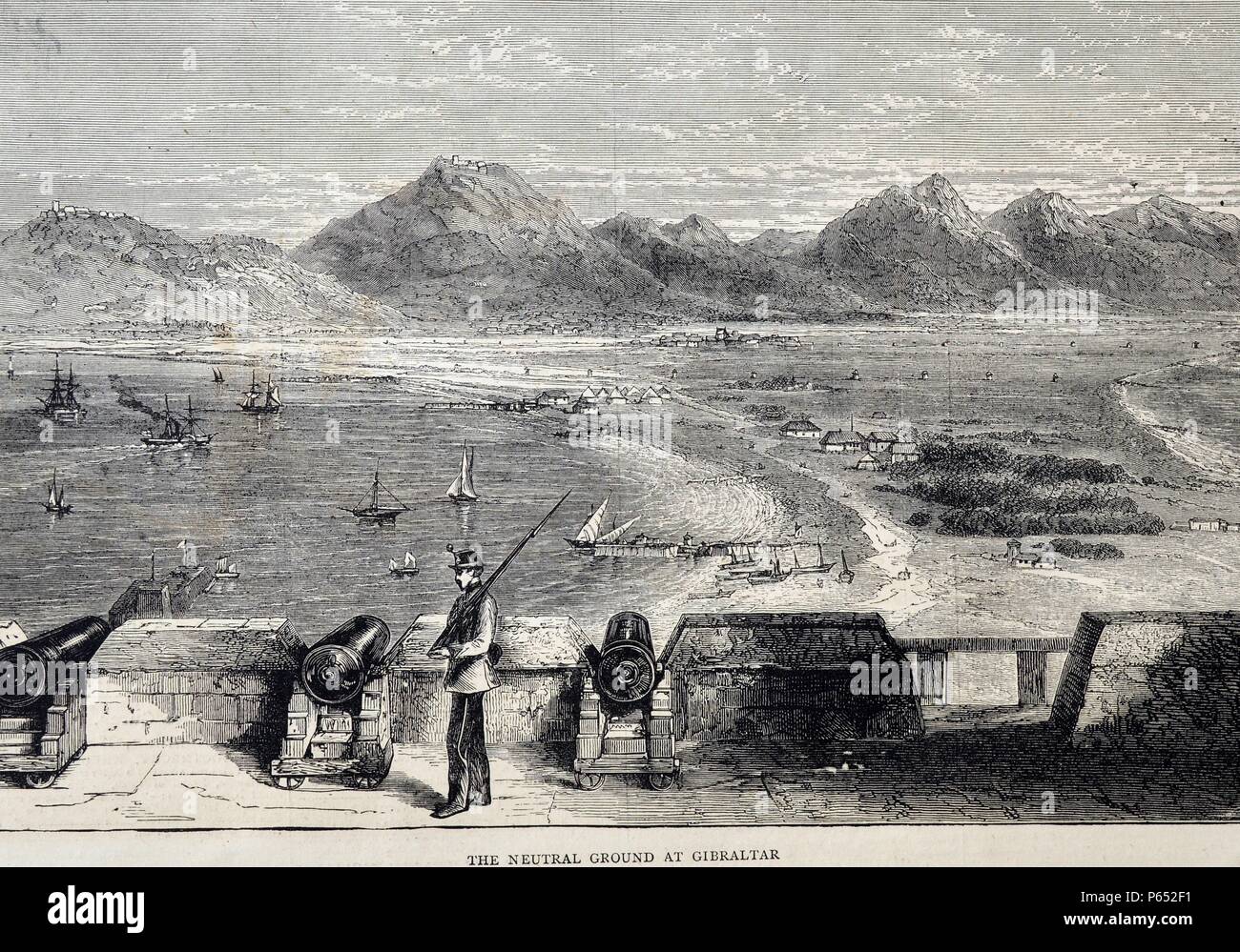Incisione raffigura 'il terreno neutrale" a Gibilterra. Il terreno neutrale è stato stabilito a causa di controversie tra i britannici e spagnoli. Datata 1870 Foto Stock