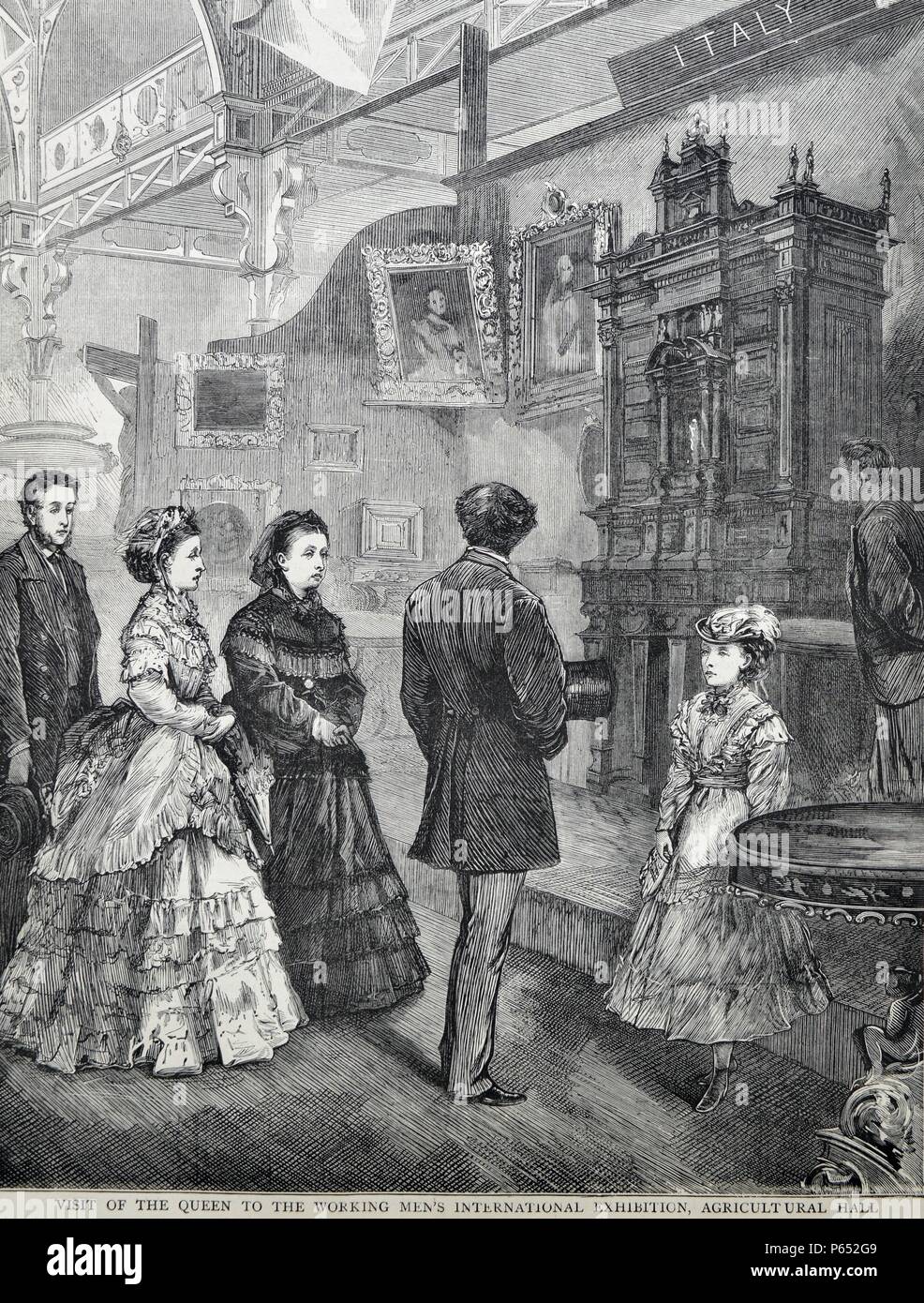 Incisione di Queen Victoria (1819- 1901) visitando la lavorazione uomini mostra internazionale, agricolo Hall. Datata 1870 Foto Stock