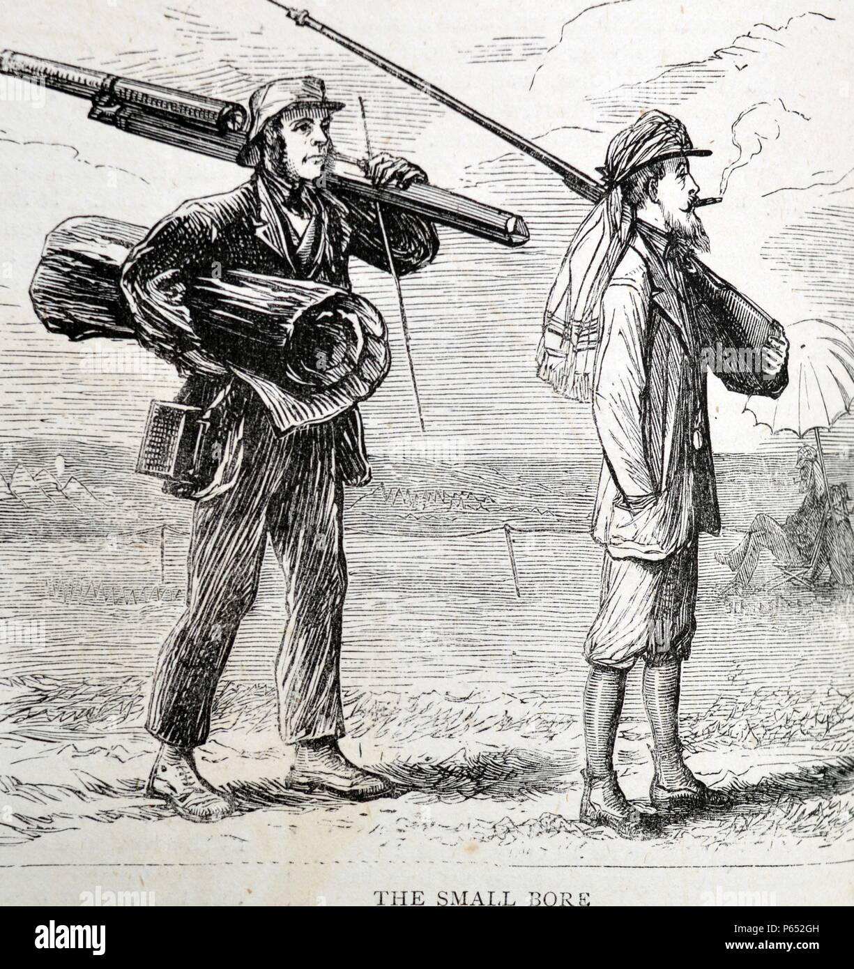 Incisione raffigura gli uomini che trasportano un piccolo foro e fumatori. Datata 1870 Foto Stock