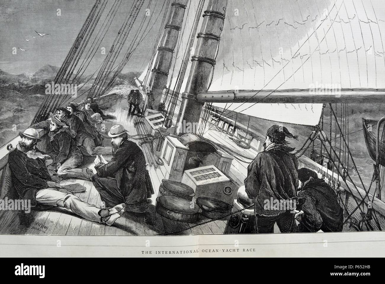 Incisione raffigura i passeggeri a bordo di uno yacht a competere in International Ocean Yacht Race. Datata 1870 Foto Stock