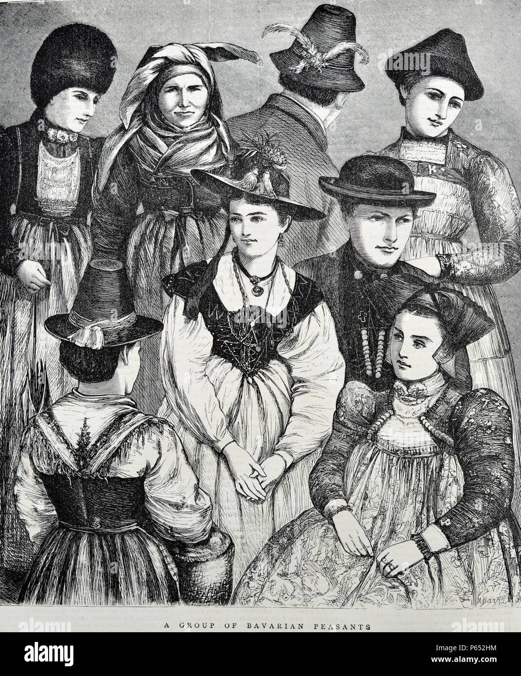 Incisione di un gruppo di contadini bavaresi in costume tradizionale bavarese. Germania. Datata 1870 Foto Stock