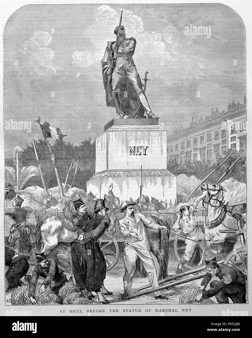 Incisione raffigura una scena a Metz davanti alla statua del maresciallo Michel Ney (1769-1815) un soldato francese e un comandante militare durante la Rivoluzione Francese e le guerre le guerre napoleoniche. Datata 1870 Foto Stock
