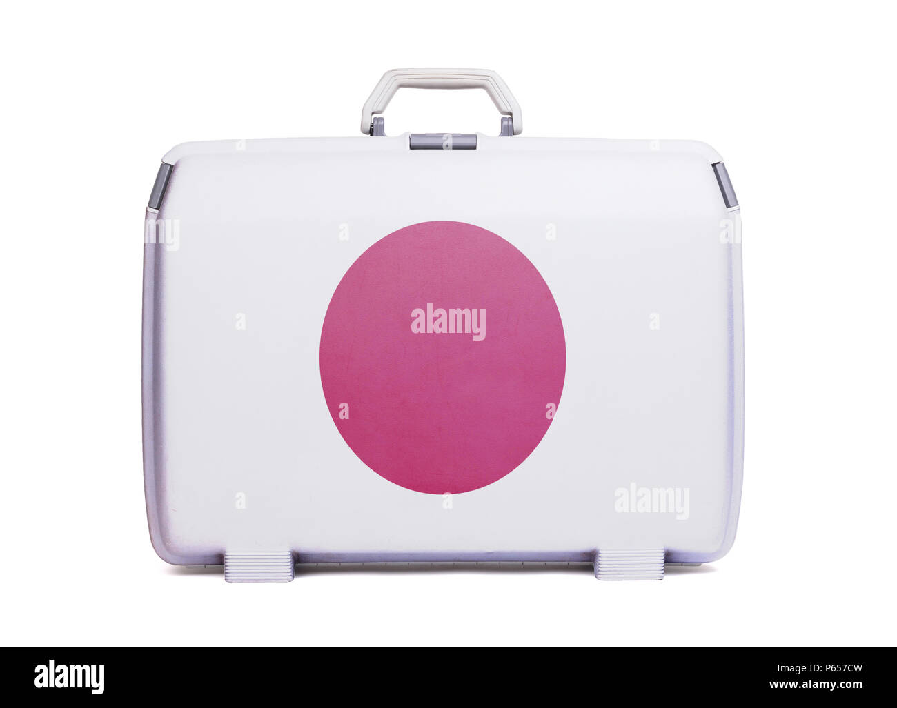 Utilizzate la valigia in plastica con macchie e graffi, stampato con bandiera - Giappone Foto Stock Utilizzate la valigia in plastica con macchie e graffi, stampato con bandiera - Giappone Foto Stock