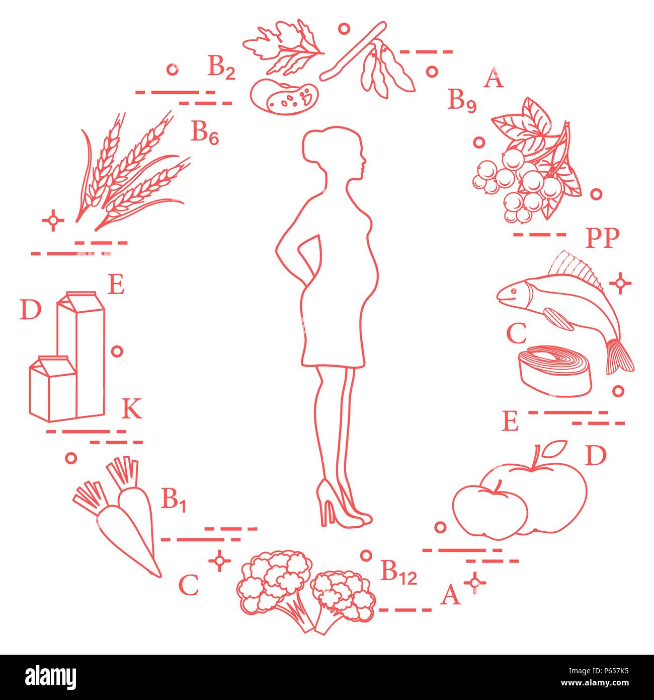 Donna incinta e di cibi ricchi di vitamine utili per le donne in gravidanza. Pesci, mele, cavolfiore, carote, prodotti lattiero-caseari, il ribes nero, soia, siamo Illustrazione Vettoriale