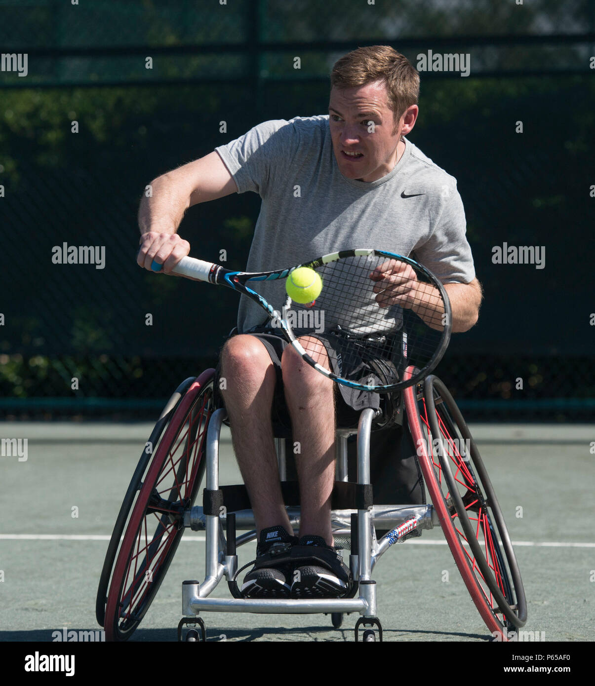 Navy Seaman Austin (campo Ret.) treni del tennis su sedia a rotelle per il 2016 Invictus giochi presso la ESPN Wide World Sports Complex presso il Walt Disney World, a Orlando, Florida, 5 maggio 2016. Round preliminari della concorrenza tra squadre provenienti da 15 paesi hanno avviato in 10 sport. Eventi medaglia inizia il 9 maggio e corrono attraverso il 12 maggio. Foto Stock