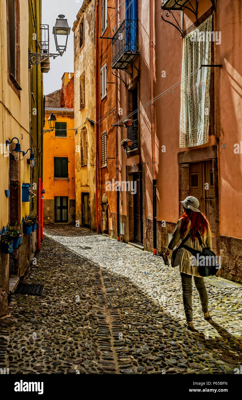 Italia Sardegna Bosa,centro storico,case colorate Foto Stock