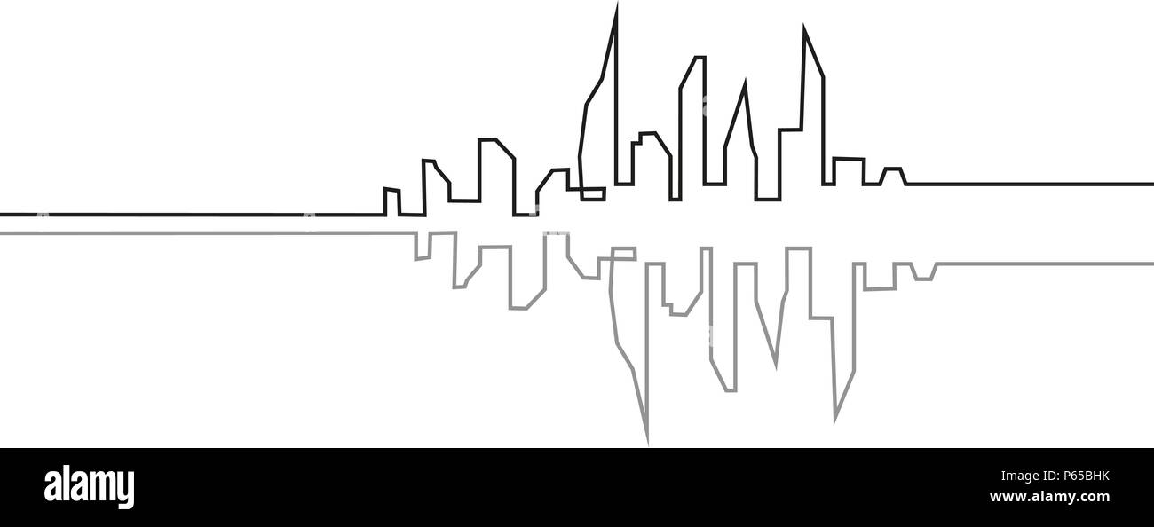 La silhouette della città in un appartamento di stile. Moderno paesaggio urbano. Illustrazioni vettoriali. Città grattacieli Ufficio edilizia orizzonte.rappresentazione in linea continua Illustrazione Vettoriale