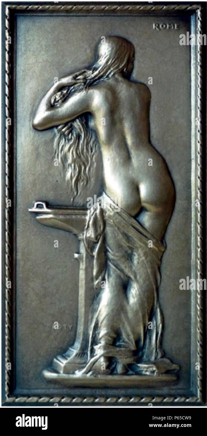 1878 circa, Oscar Roty, La femme à sa toilette, Frau bei der Morgentoilette. Foto Stock