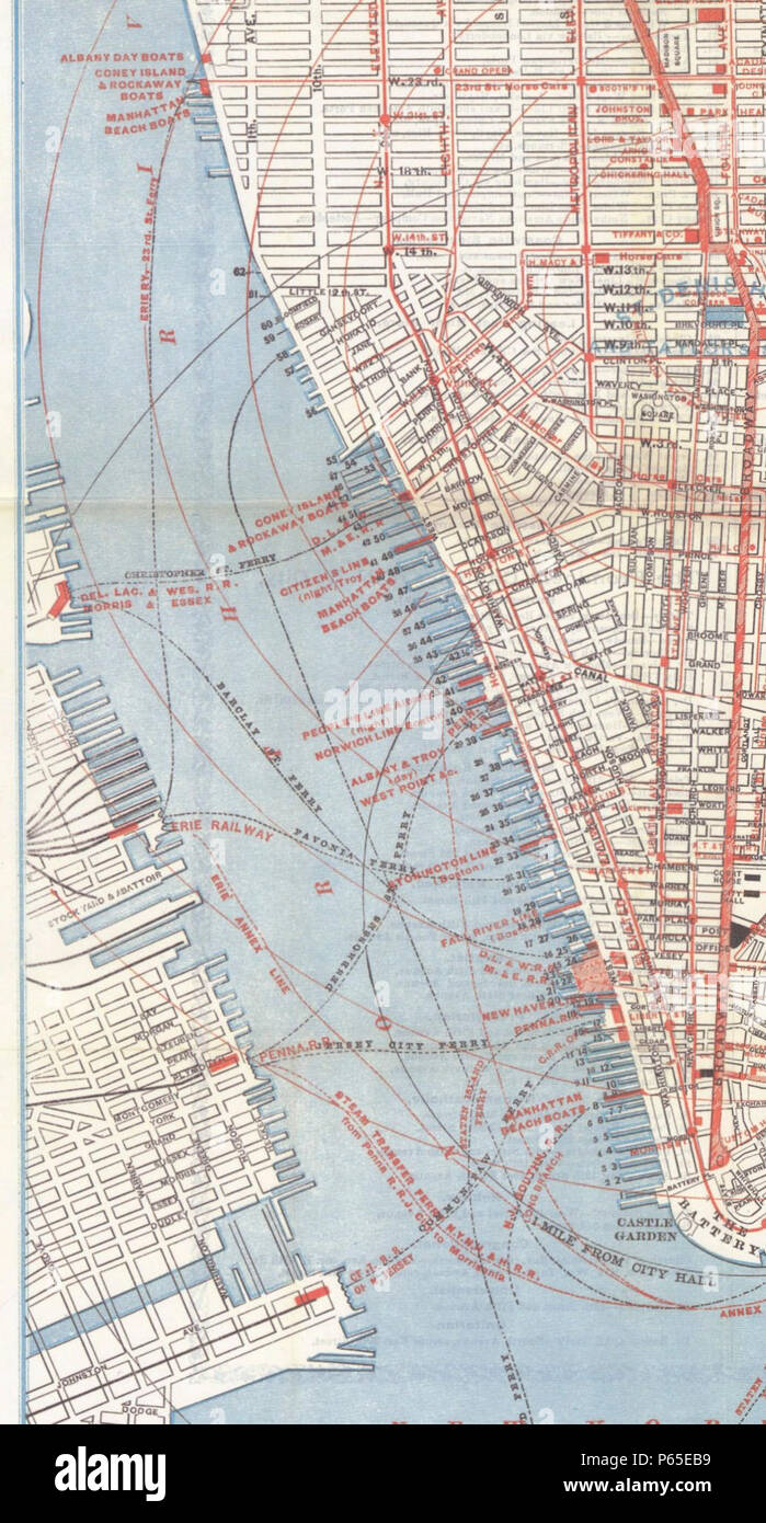 1879 Lower Manhattan ferries mappa (ritagliate). Foto Stock