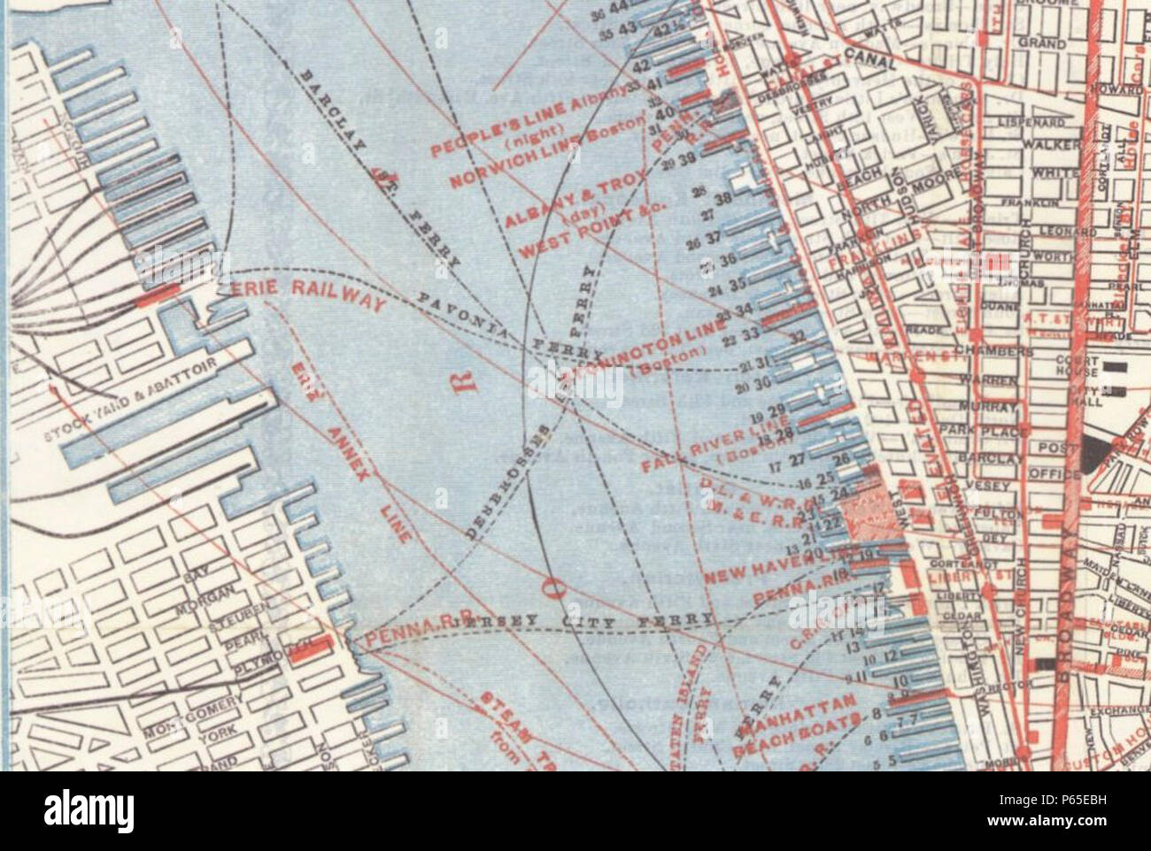 1879 Lower Manhattan PRR ferries mappa. Foto Stock