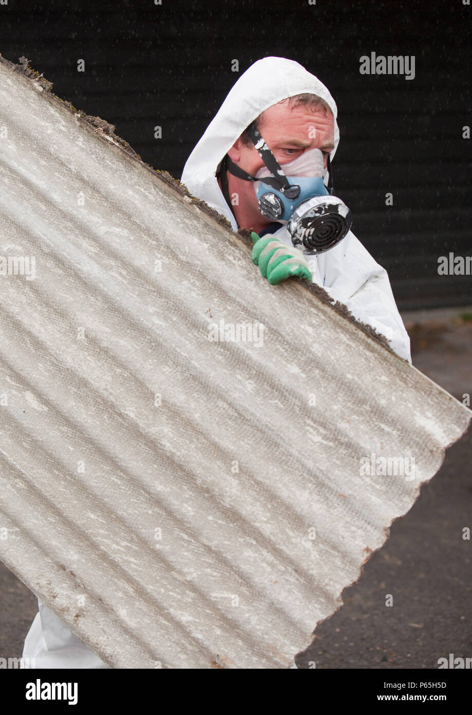 Uno specialista di rimozione amianto company Rimozione amianto da un capannone tetto di una casa a Ambleside, Cumbria, Regno Unito. Foto Stock