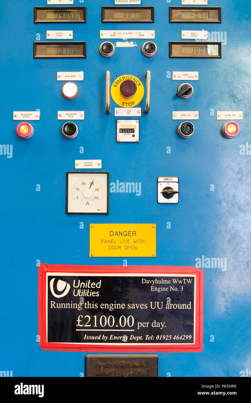 I pannelli di controllo per le caldaie di biogas a Daveyhulme impianto di trattamento delle acque reflue a Manchester, UK. United Utilities Daveyhulme impianto del processo di tutti Foto Stock