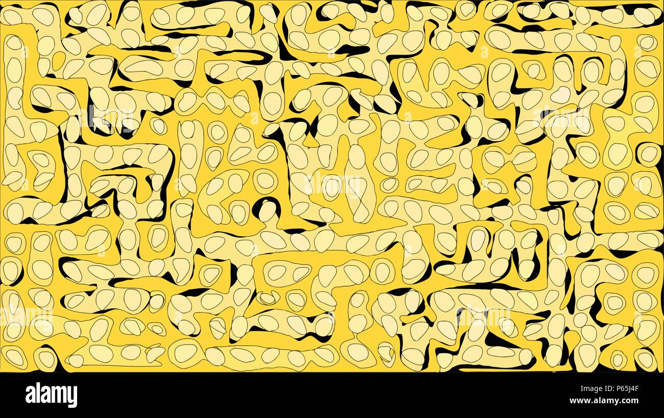 Sfondo vettoriale fatta di casuale blob giallo e percorsi su sfondo nero. Illustrazione Vettoriale