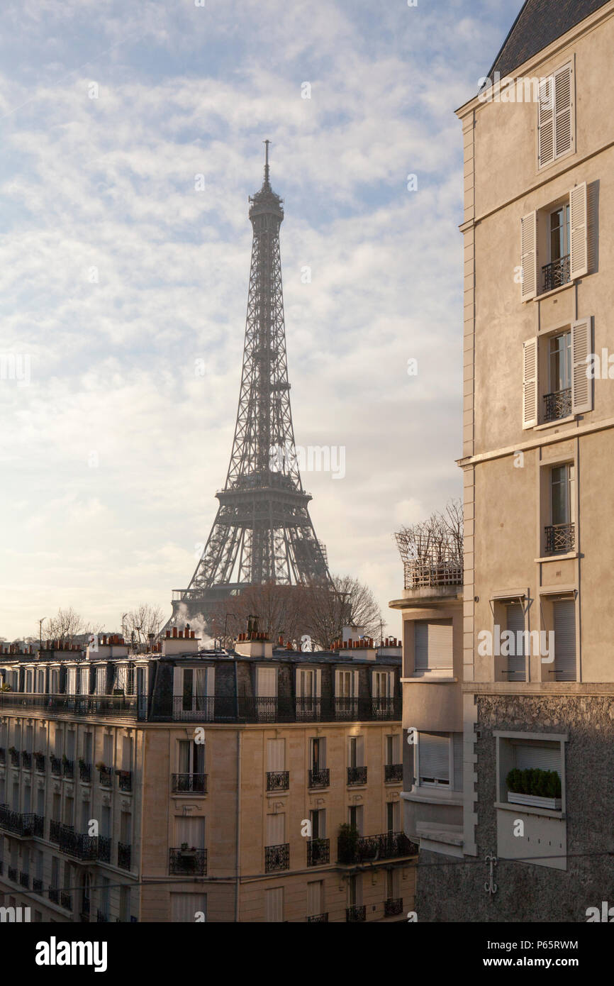 Appartamenti tipici della città di Parigi Francia con la Torre Eiffel sullo sfondo. Foto Stock