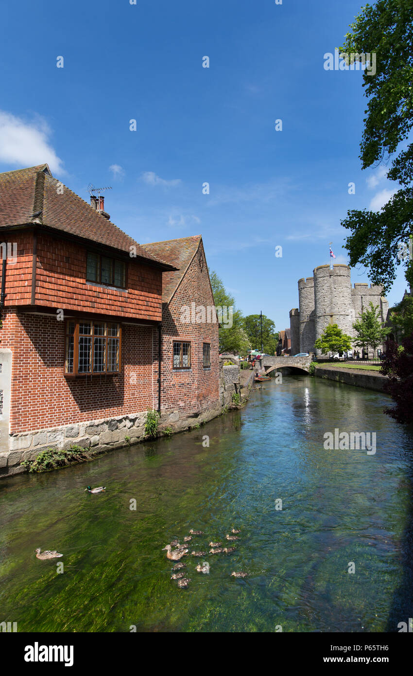 Città di Canterbury, Inghilterra. Vista pittoresca del fiume grande Stour, il medievale Westgate torri con in sottofondo. Foto Stock