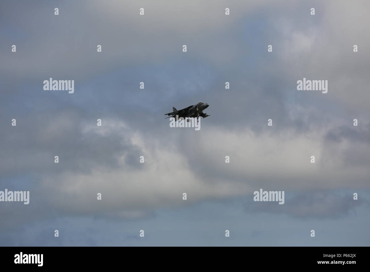 Un AV-8B Harrier II si libra sopra la folla al 2016 Marine Corps Air Station Cherry Point Air Show - "Celebrando 75 anni" a MCAS Cherry Point, N.C., Aprile 29, 2016. AV-8B Harrier II rappresenta la Marine Corps funzionalità avanzate attraverso la sua breve, decollo ed atterraggio verticali delle capacità con la possibilità di passare il puntatore del mouse come un elicottero e accelerare in avanti come un getto a vicino a velocità supersoniche da utilizzare dei suoi motori VSTOL producendo 22,000 libbre di spinta. Questo anno di air show ha celebrato gli ICM Cherry Point e 2 aeromobili Marina Wing il settantacinquesimo anniversario e in primo piano 40 statico, viene visualizzato Foto Stock