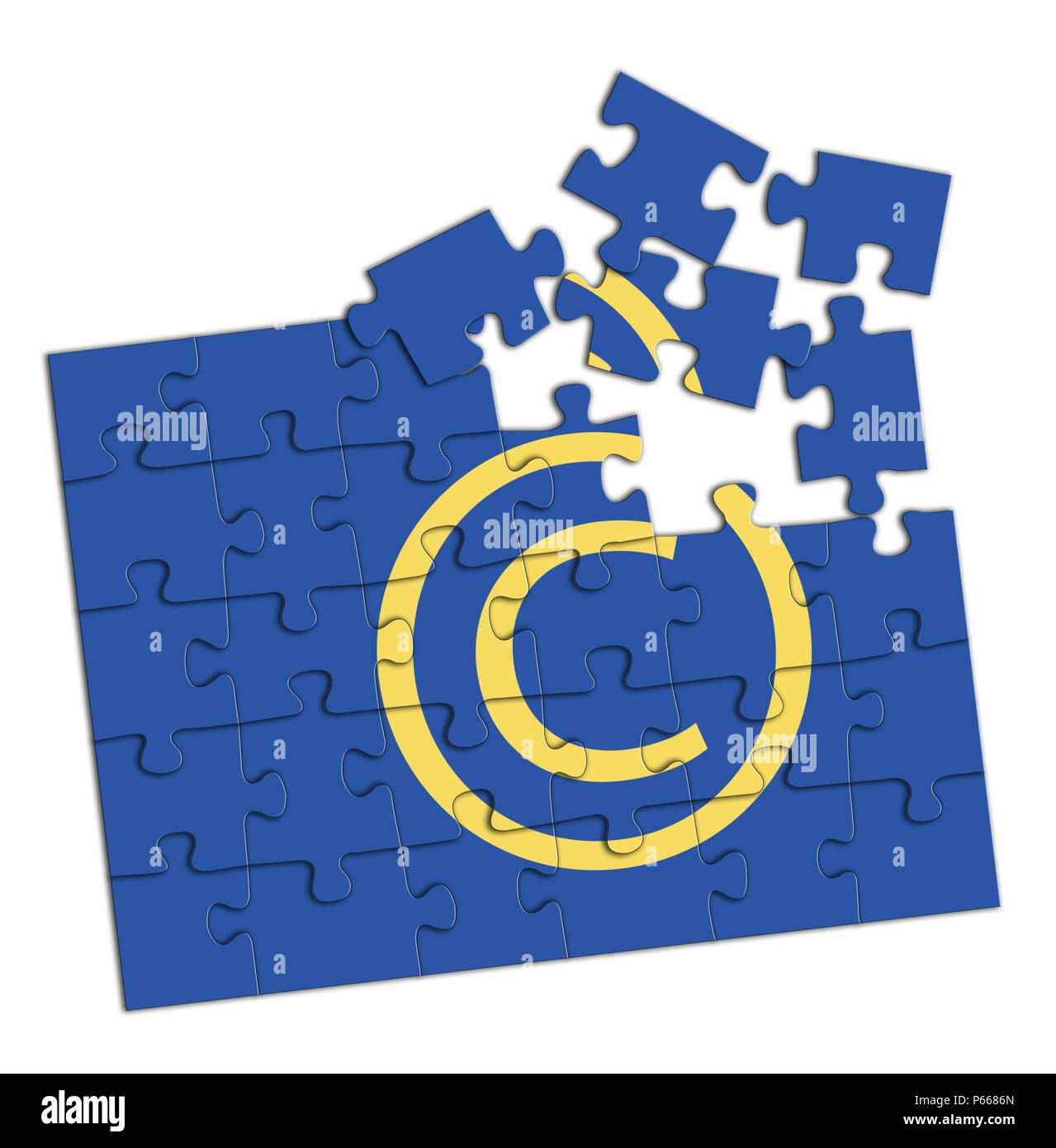 Ue nuova direttiva copyright puzzle. Concetto. Sfondo bianco. Foto Stock
