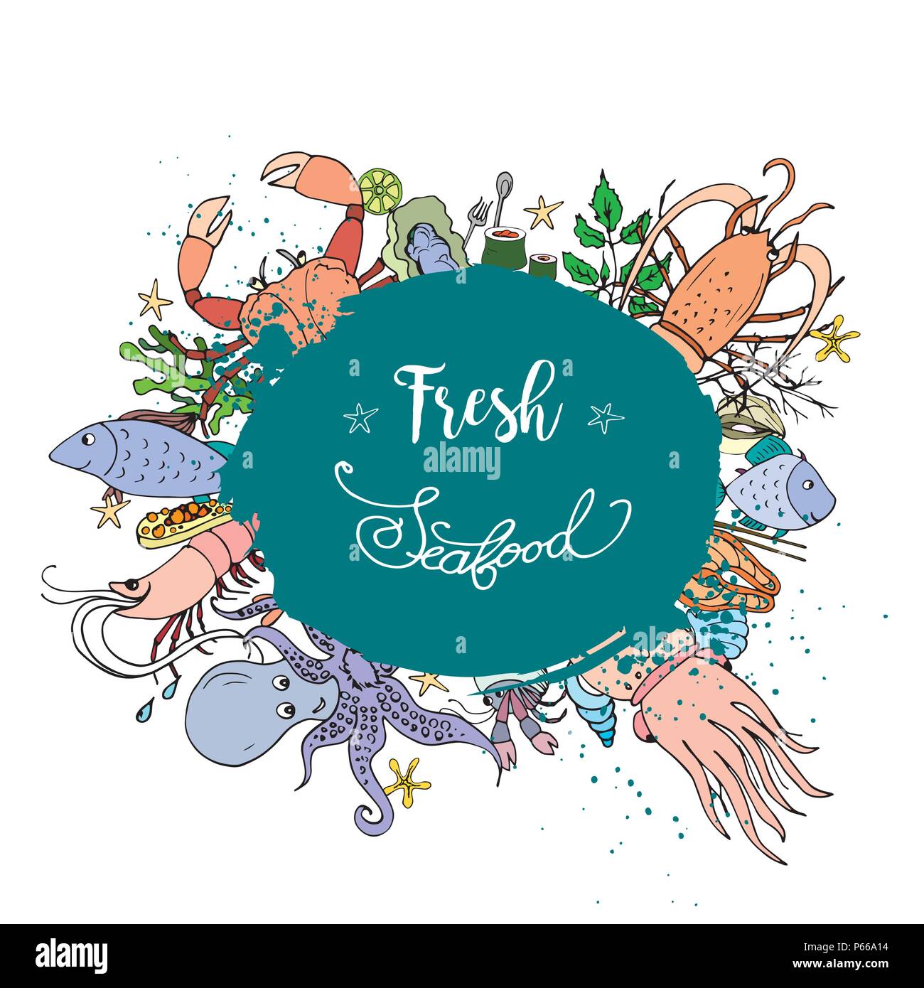 Piatti a base di frutti di mare freschi di sfondo oggetti,,stock illustrazione vettoriale Illustrazione Vettoriale