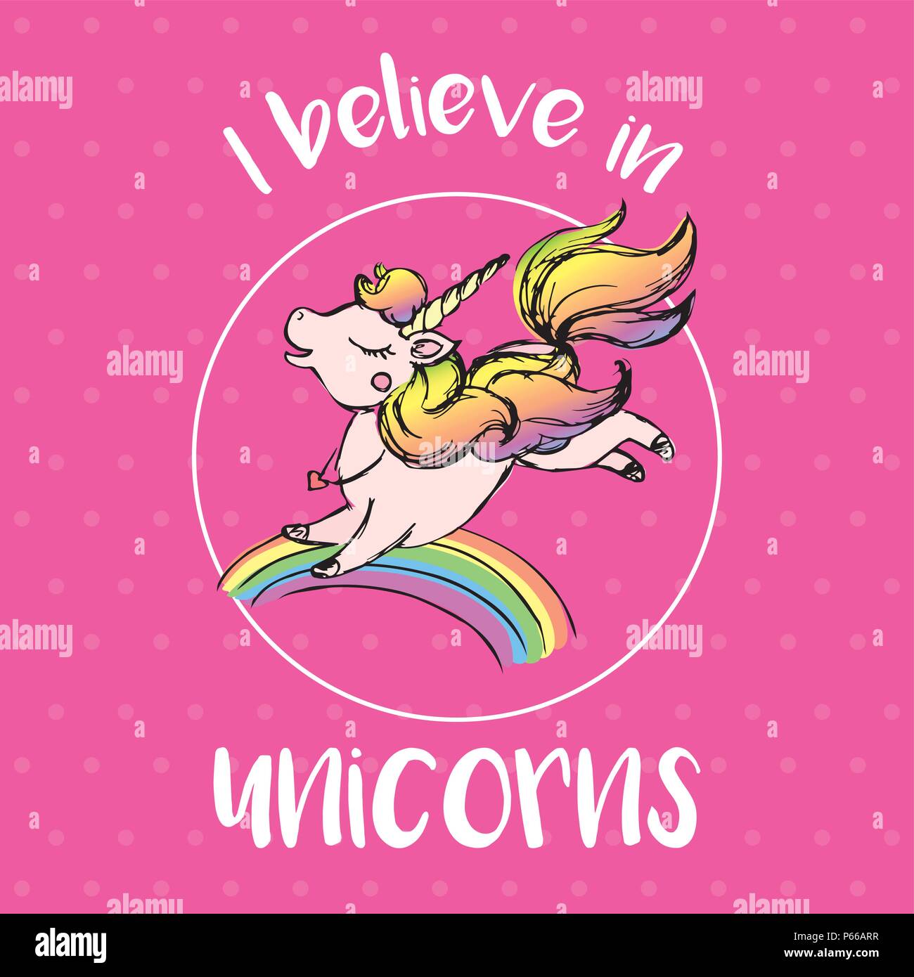 Io credo in unicorns, rainbow,a cavallo con avvisatore acustico e scritte, st Illustrazione Vettoriale