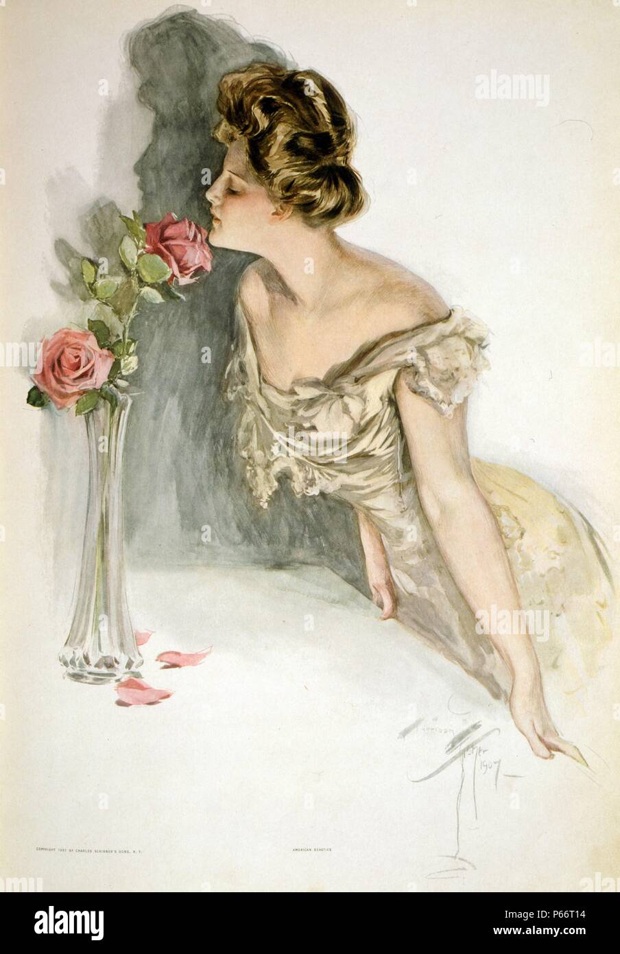 Bellezze americano da Harrison Fisher, 1875-1934, artista 1907. Rivista illustrazione che mostra tre quarti di lunghezza Ritratto di una donna, rivolto verso sinistra, poggiata su un tavolo e annusare una lunga di gambi di rose in un vaso. Foto Stock