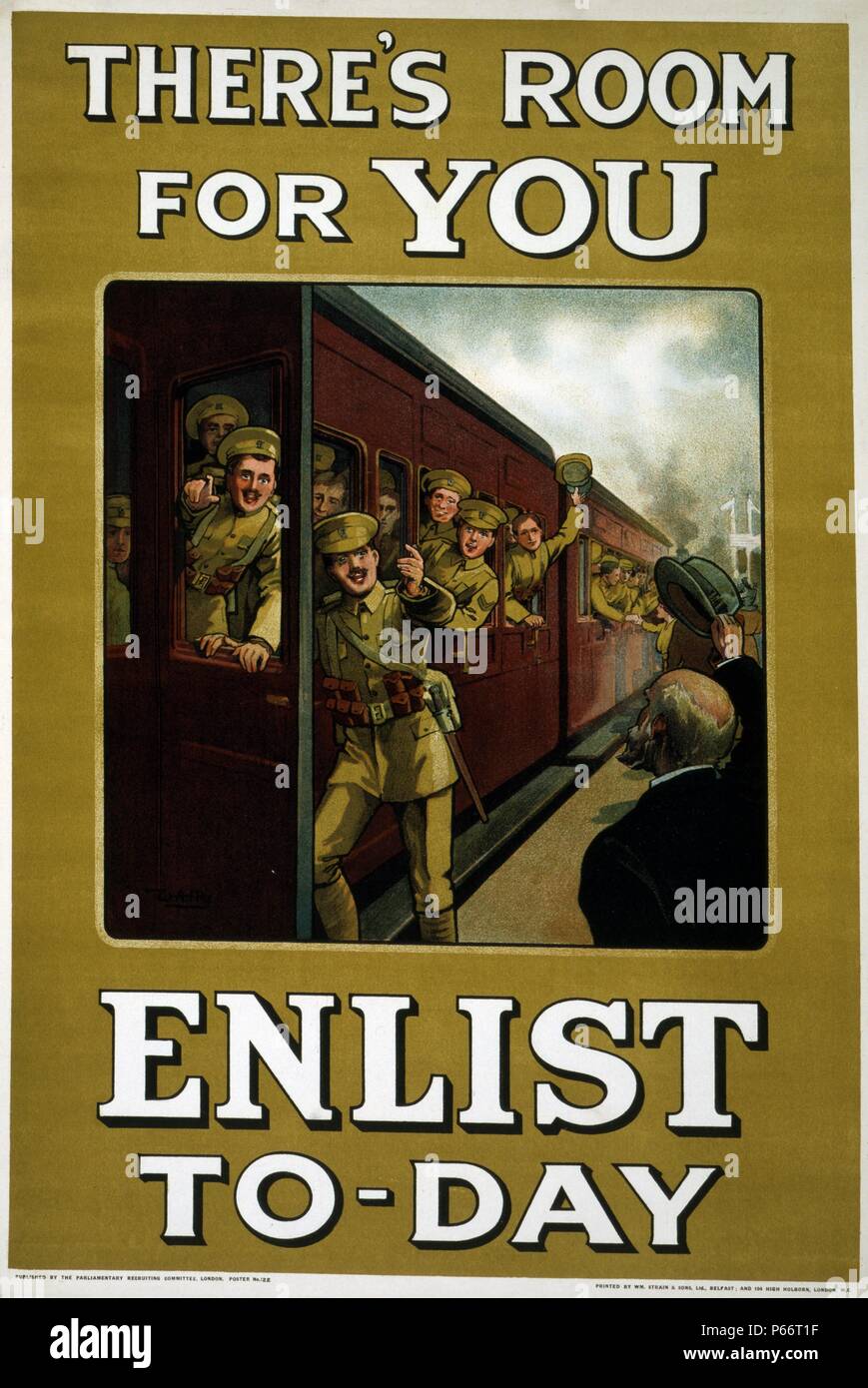 Ci è stanza per voi. Arruolarsi per giorno di guerra mondiale un poster di reclutamento, pubblicato da il parlamentare COMITATO D' ASSUNZIONE, 1915. Poster che mostra i soldati di salire a bordo di un treno, gesti per gli altri ad unirsi a loro. Foto Stock