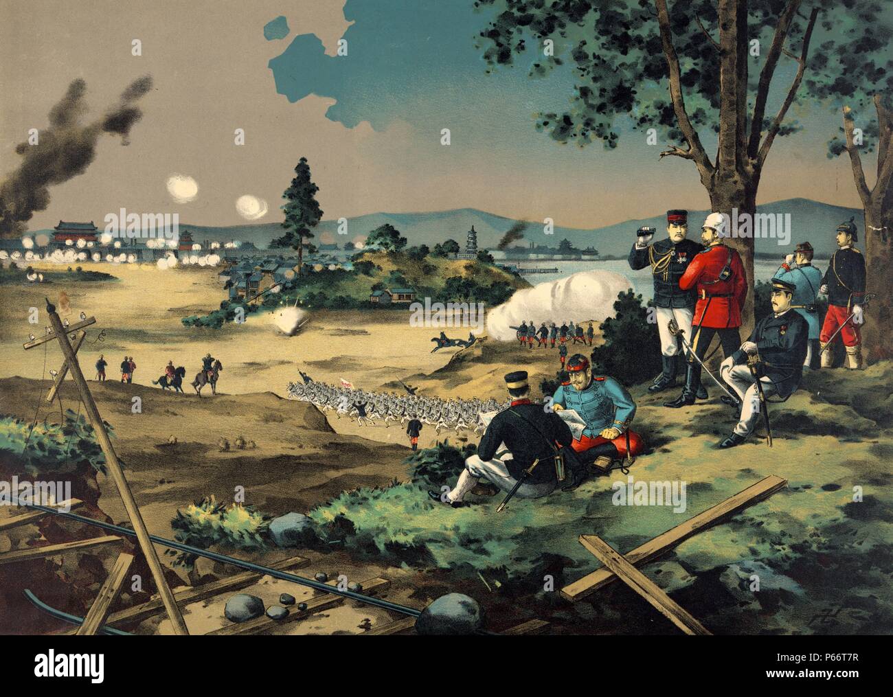 L'esercito giapponese sotto il Maggiore Generale Fukushima avanza con gli eserciti alleati verso Tien-chin, Cina da Ishimatsu Nakajima, artista 1900. Stampa mostra il comandante giapponese, maggiore generale Fukushima, tenendo il binocolo in piedi con un comandante britannico e altri ufficiali, come le truppe alleate attaccano la città murata di Tianjin, Cina. Foto Stock