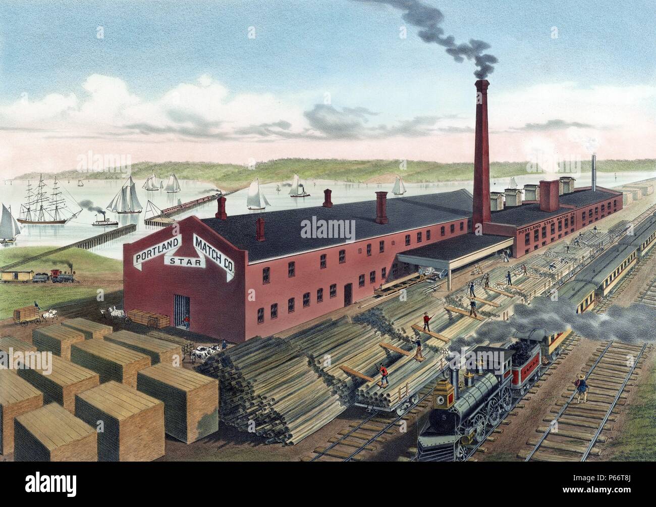 Portland star match factory, Portland, Maine, Stati Uniti d'America. [Tra il 1860 e il 1880]. vista panoramica del Portland Star Match Factory a Portland, Maine, con un Boston & Maine ferrovia Treni passeggeri passando in basso a destra sullo sfondo, gli uomini lo scarico di legname dalle automobili della ferrovia accanto alla lunga costruzione in fabbrica e uomini operando una segheria, e sullo sfondo di un fiume o di porto con navi. Foto Stock