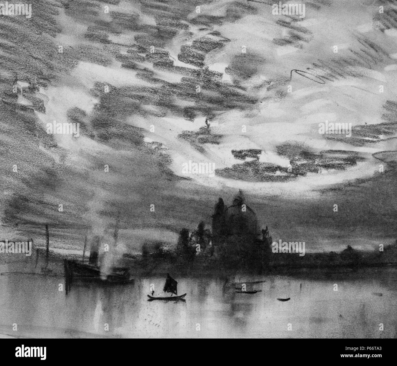 Sistema di cottura a vapore lasciando Venezia 1905. Vista serale attraverso acqua riflettente e in gondola con vela in primo piano grande sistema di cottura a vapore dietro a sinistra, silhouette nera della chiesa duomo in background sotto il cielo nuvoloso. da Joseph Pennell, 1857-1926, artista Foto Stock