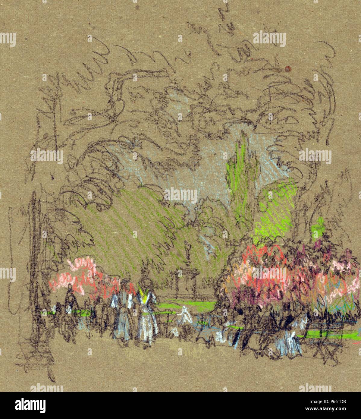 Panche in Kensington Park da artista americano Joseph Pennell, 1857-1926. Il gruppo di figure, per la maggior parte donne in abiti bianchi lungo il percorso e sulle panchine nel parco alberato, alberi frondosi overhead, Bright macchie di fiori rossi dietro i banchi. Datati tra il 1901 e il 1908 Foto Stock