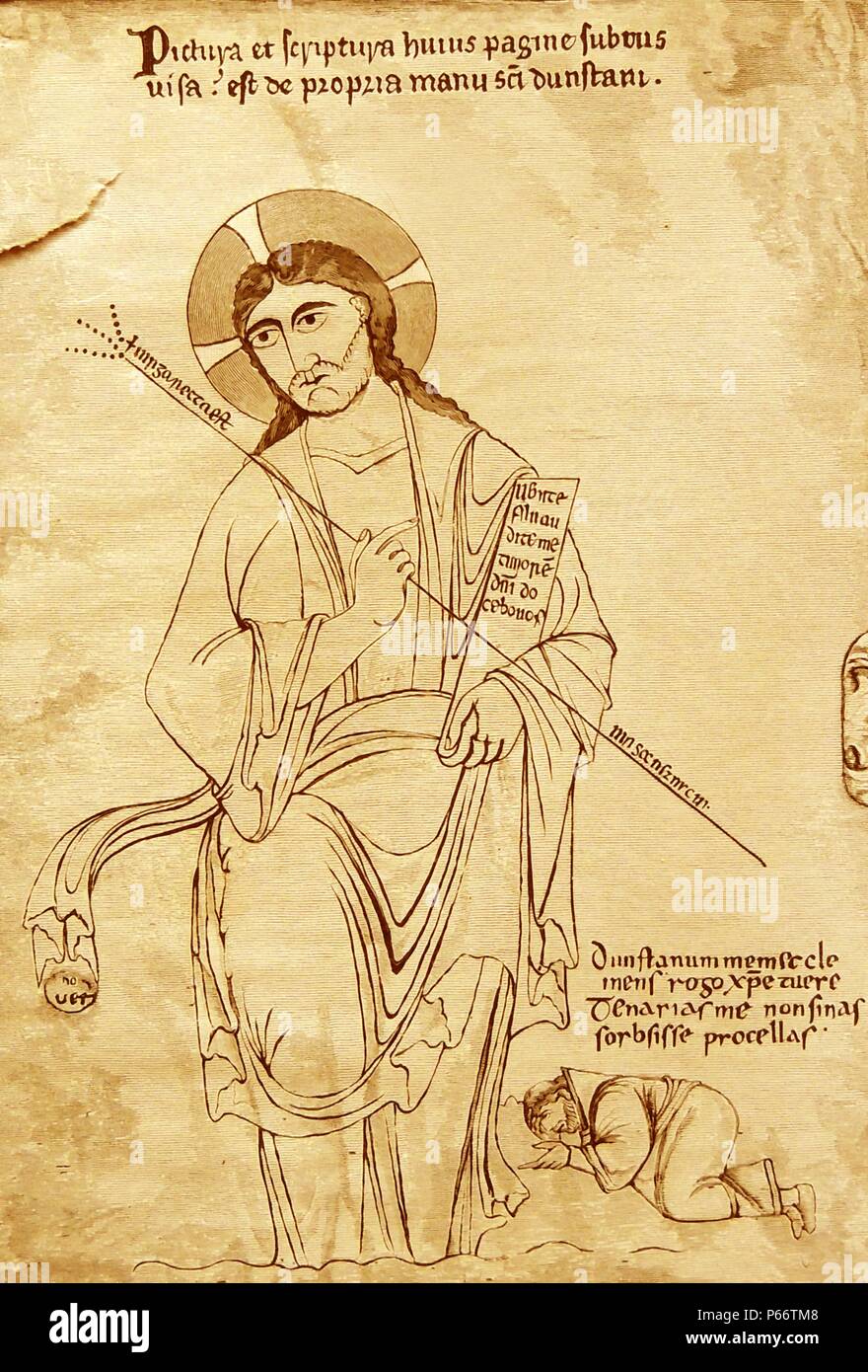 Dunstan (909 - 19 Maggio 988) Abate della Abbazia di Glastonbury, Vescovo di Worcester, Vescovo di Londra, e l Arcivescovo di Canterbury, poi canonizzato come santo. La sua opera restaurata la vita monastica in Inghilterra e riformato la Chiesa inglese. Dunstan servito come un importante ministro di stato per diversi re inglese. Egli fu il più popolare santo in Inghilterra per quasi due secoli, dopo aver guadagnato la fama per le molte storie della sua grandezza, non da ultimo fra i quali quelli riguardanti la sua famosa astuzia a sconfiggere il diavolo. Foto Stock