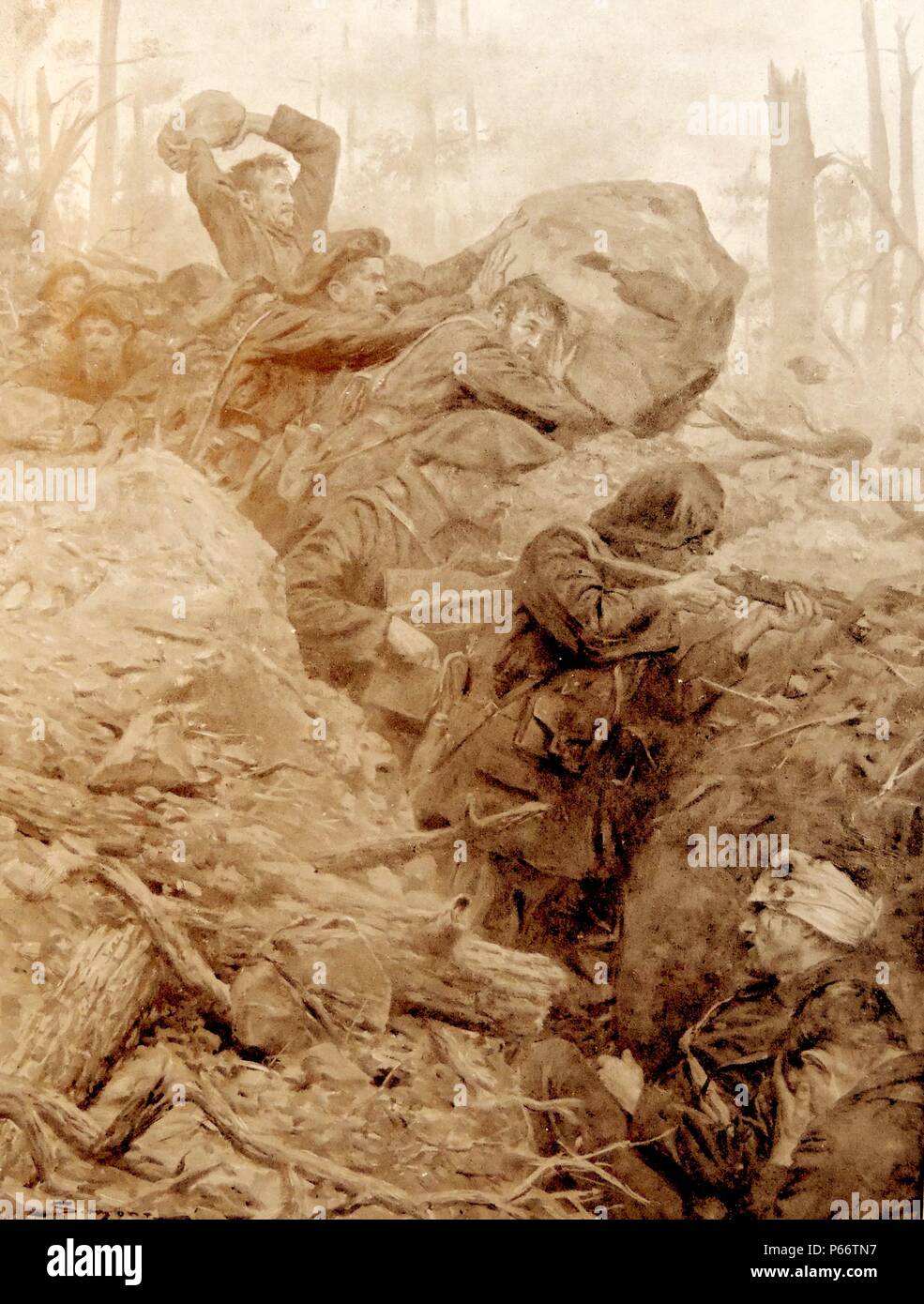 Illustrazione raffigurante un impegno tra il francese e il tedesco le posizioni in Alsazia juin 1915. Soldati francesi a spingere le rocce in discesa sulla avanzare le truppe tedesche Foto Stock