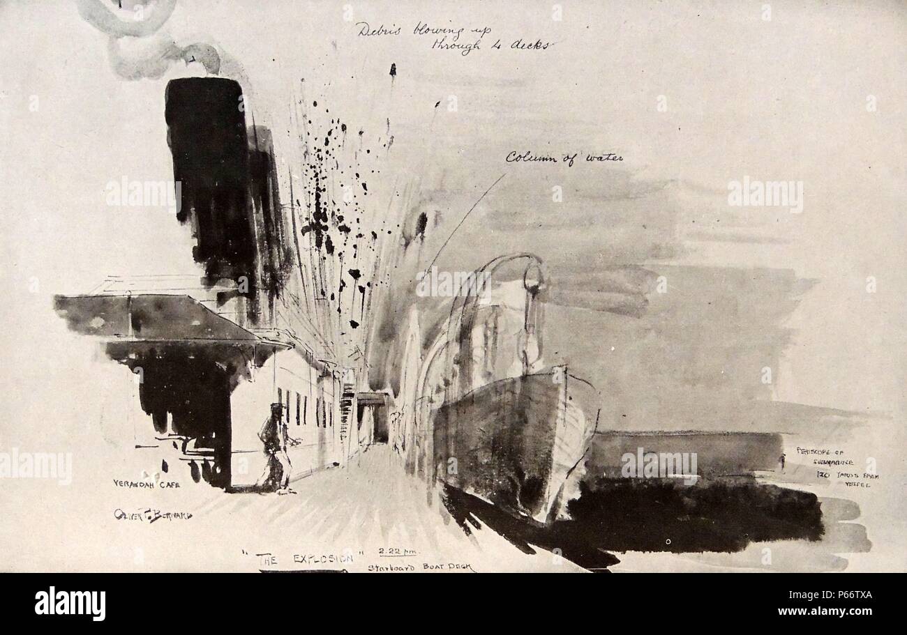 Danni alla SS Lusitania come lei cade al di sotto della superficie del mare. RMS Lusitania era un British ocean liner, titolare della Blue Riband e brevemente di tutto il mondo più grande nave. Ella è stata lanciata dalla Cunard Line in 1907, in un momento di forte concorrenza per l'Atlantico del Nord. Nel 1915 ella è stato silurato e affondato da un U-boat tedesca, causando la morte di svolte 1.198 passeggeri e dell'equipaggio. 1915 Foto Stock