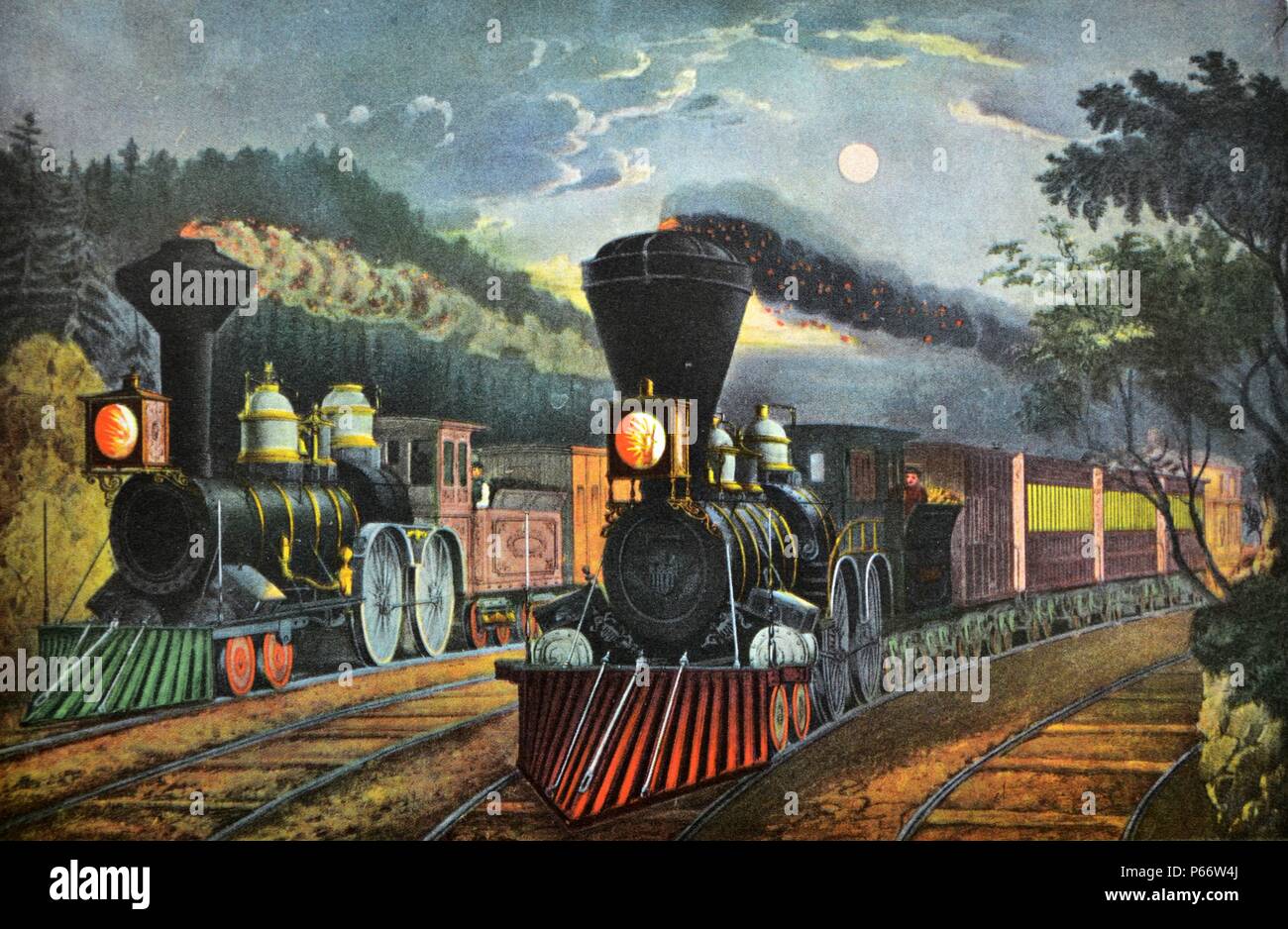 Currier & Ives illustrazione del XIX secolo. Il Fulmine Treni Espresso, 'lasciando la giunzione' Foto Stock