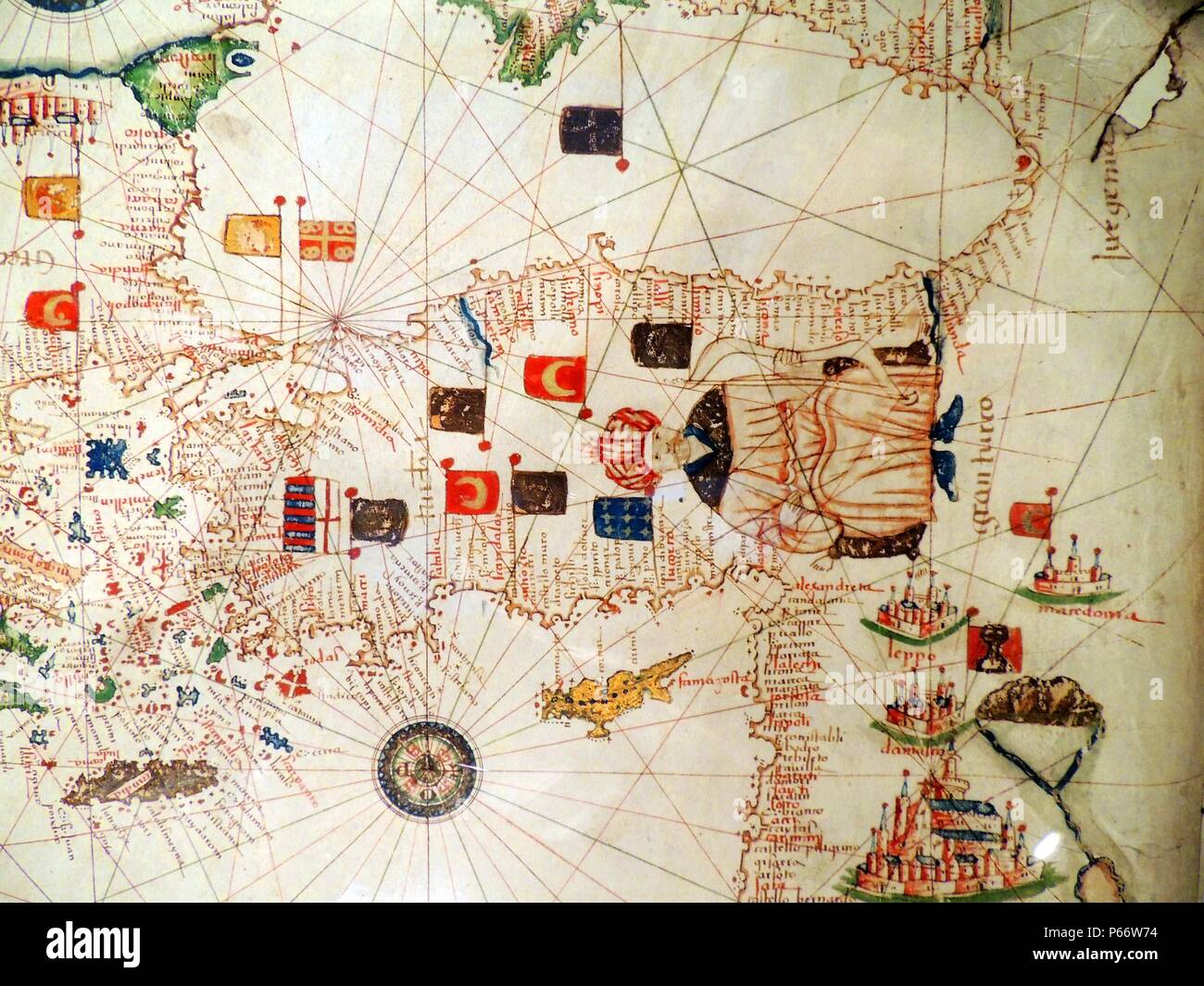 Sultano ottomano e Turchia raffigurato in Jacopo Russo mappa del mondo cinquecento circa 1528 dal "Carte Geografiche' (vellum) Foto Stock