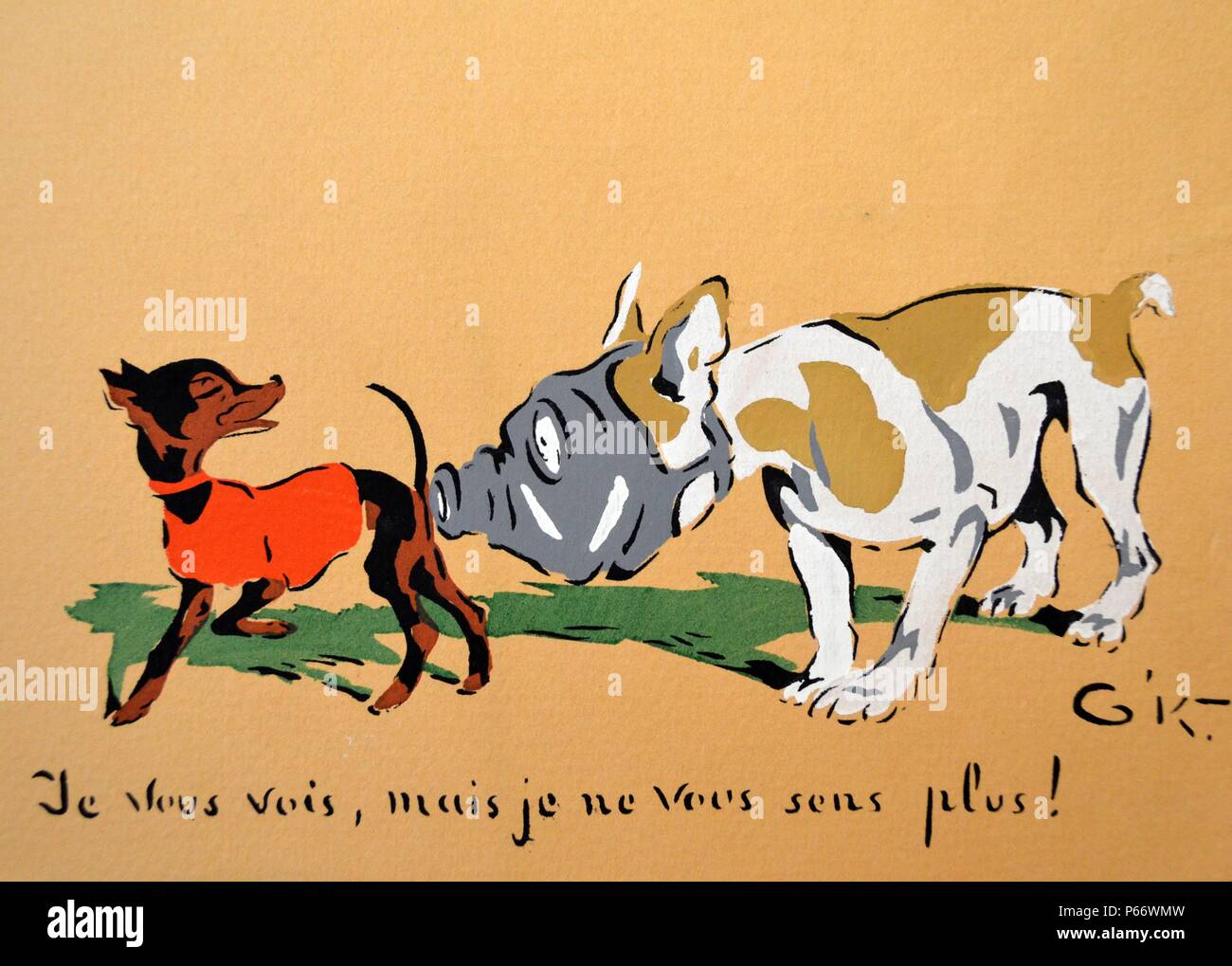 La Seconda Guerra Mondiale: guerra francese cartolina raffigurante un cane con una maschera a gas Foto Stock