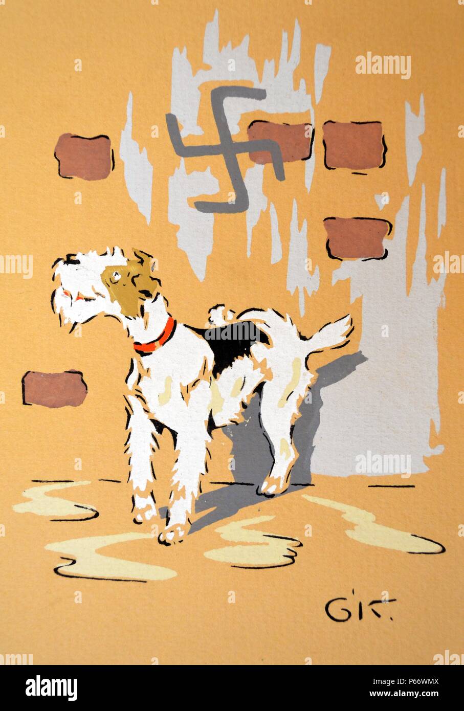 La Seconda Guerra Mondiale: guerra francese cartolina raffigurante un cane al di sotto di una parete portante una svastica Foto Stock