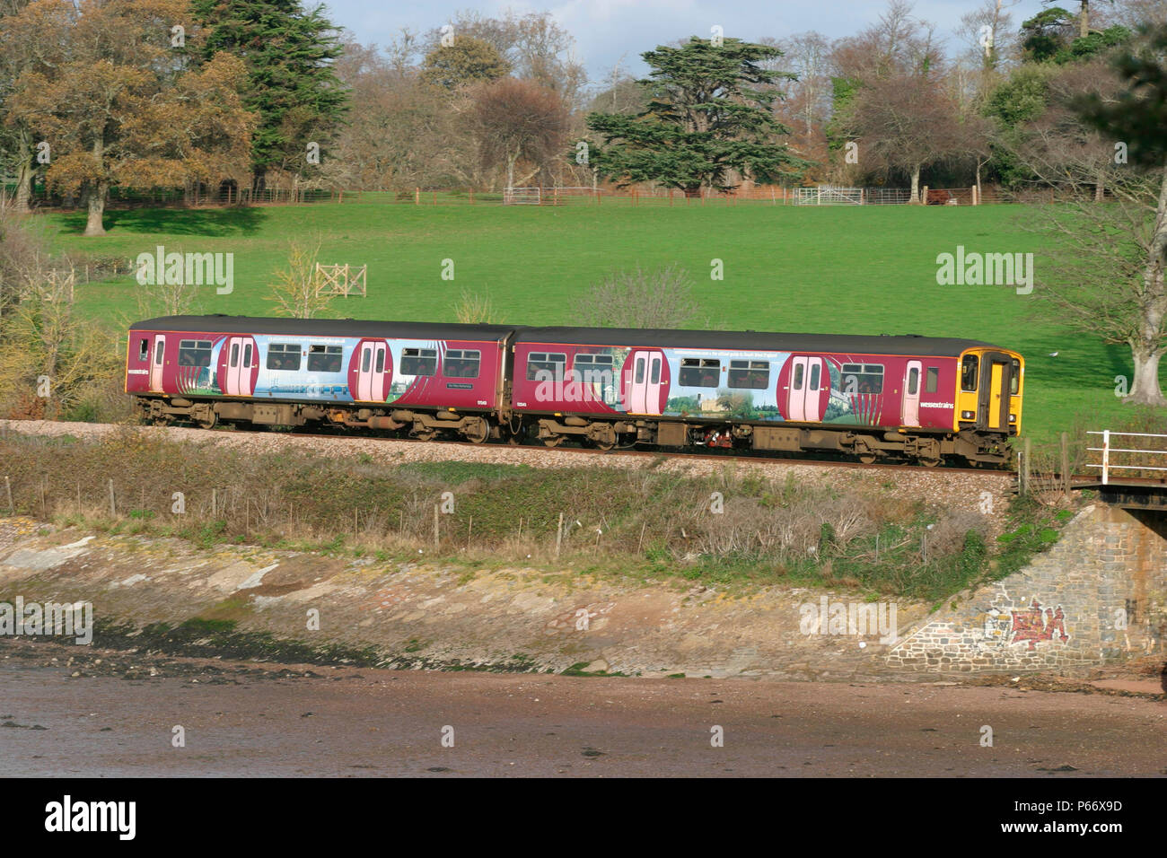 Un Wessex treni DMU gonne della costa del Devon a Lympstone con una filiale locale di servizio di linea da Exeter St David's a Exmouth, Novembre 2004 Foto Stock
