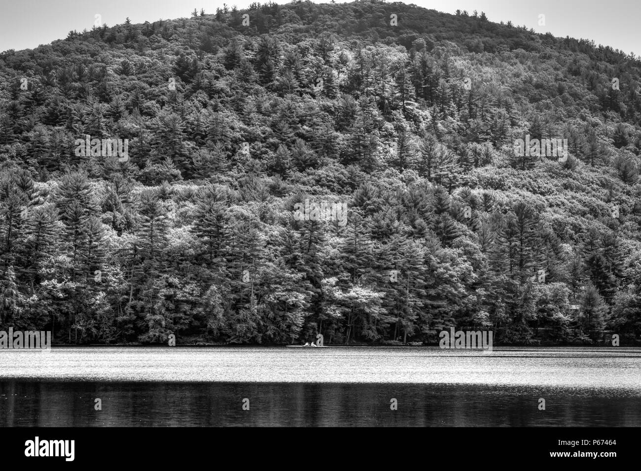 Due rematori in una coppia sul lago Luzerne, New York Foto Stock
