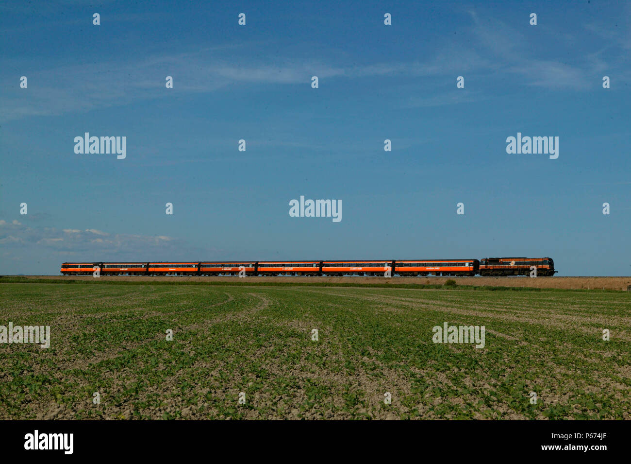 Loco di bolina classe CIE 071 elettrica diesel testine a Dublino Connolly - Rosslaire in treno attraverso le paludi a sud di Waterford nel maggio 204 poco prima di Foto Stock