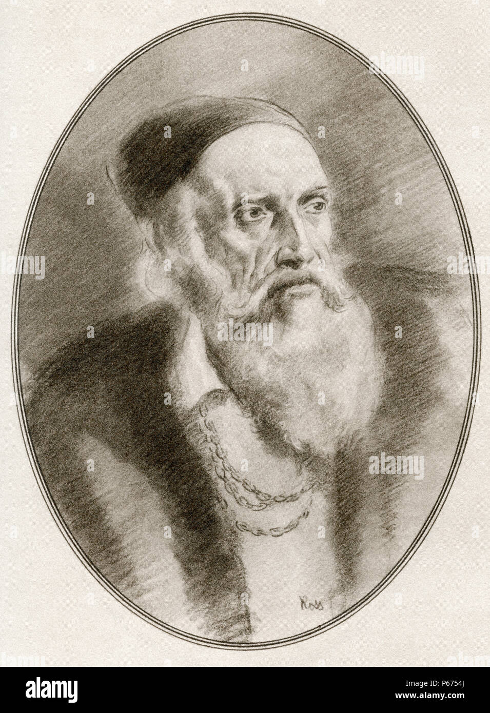 Tiziano Vecelli o Tiziano Vecellio, c. 1488/1490 - 1576, aka Tiziano. Pittore italiano. Illustrazione da Gordon Ross, artista americano e illustrator (1873-1946), dal vivere le biografie di grandi pittori. Foto Stock