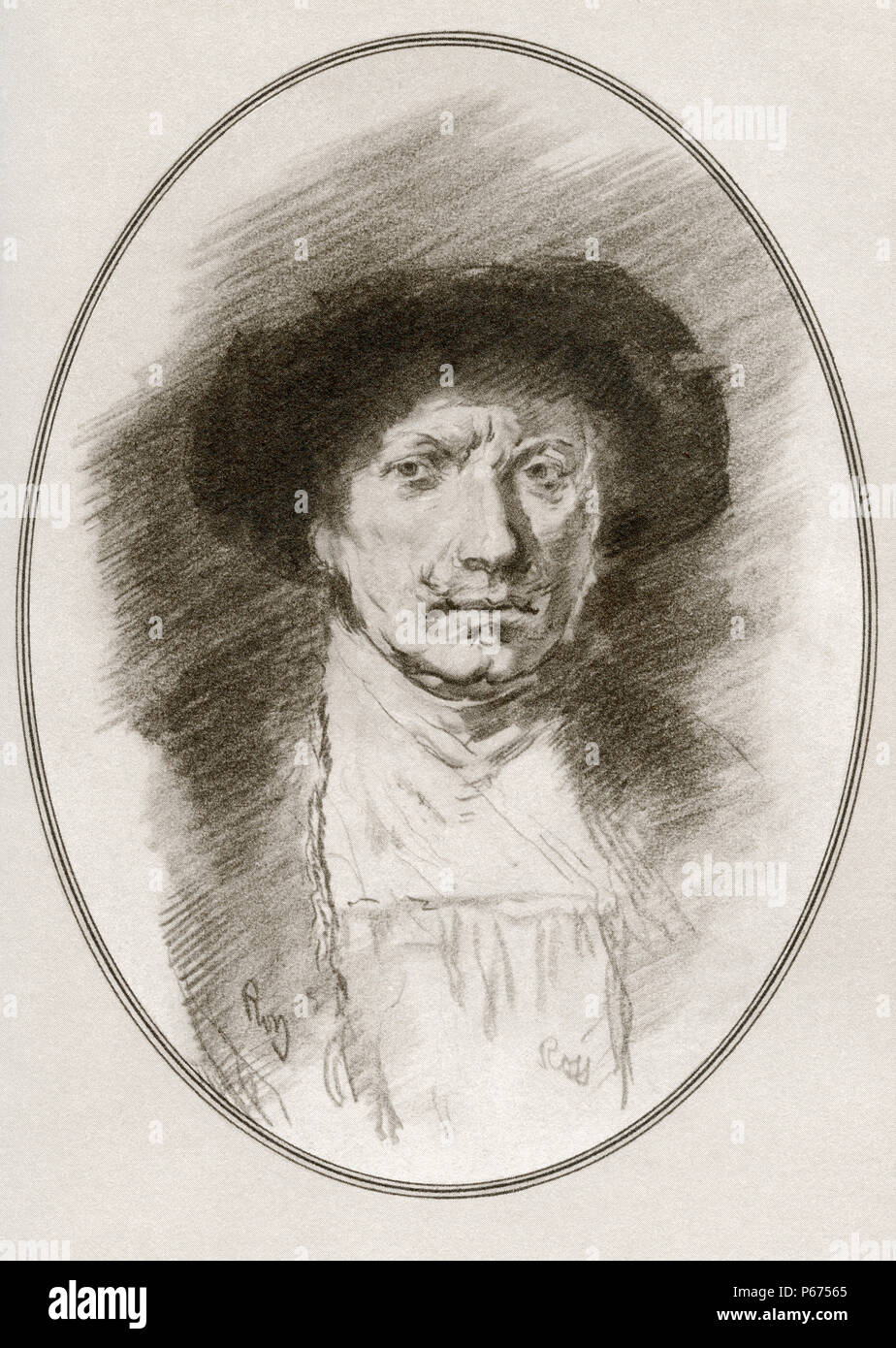 Harmenszoon Rembrandt van Rijn, 1606 -1669. Disegnatore olandese, pittore e incisore. Illustrazione da Gordon Ross, artista americano e illustrator (1873-1946), dal vivere le biografie di grandi pittori. Foto Stock