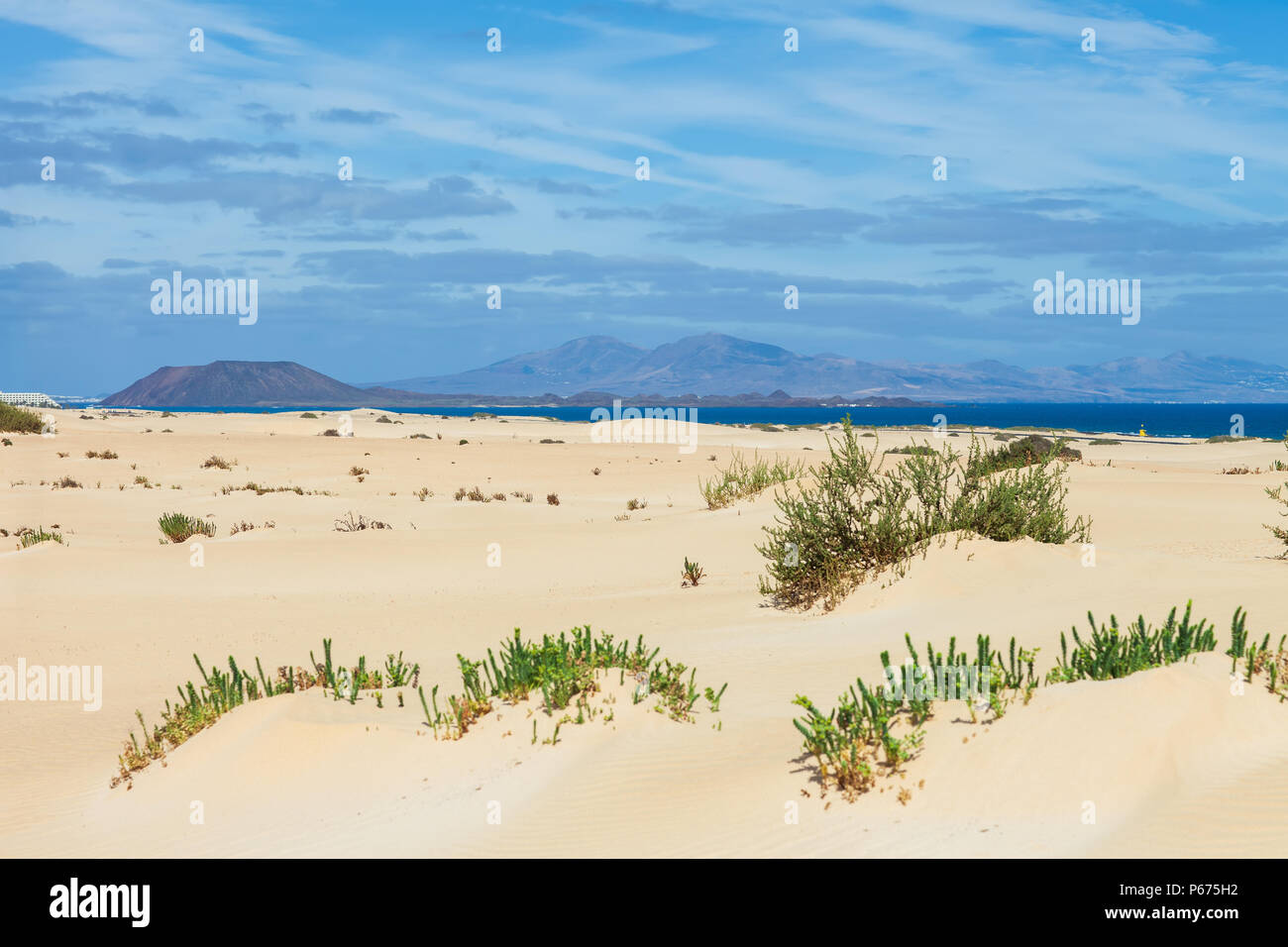 Deserto di sabbia sullo sfondo di un paesaggio. Dune di Corralejo con montagne vulcaniche all'orizzonte. Fuerteventura Isole Canarie Spagna. Foto Stock