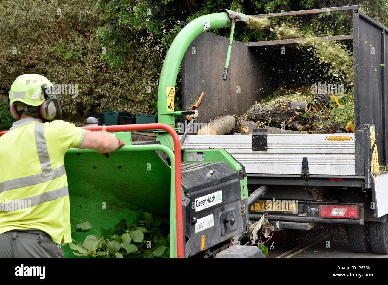 Workman alimentazione di rami e foglie in professional GreenMach trituratore  legno soffiando il chip nel retro del furgone Foto stock - Alamy